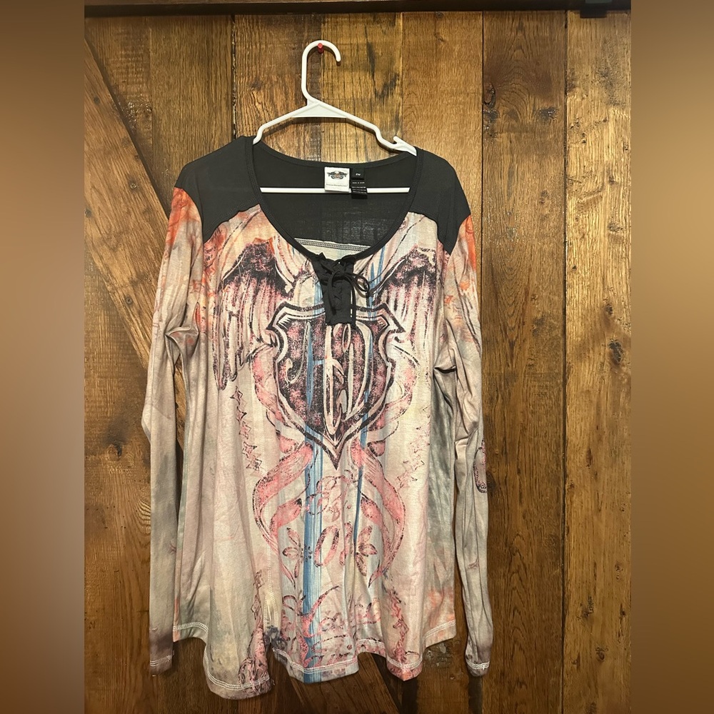 Harley Davidson Eagle Shield All Over Print Long Sleeve Graphic Shirt Size 2X